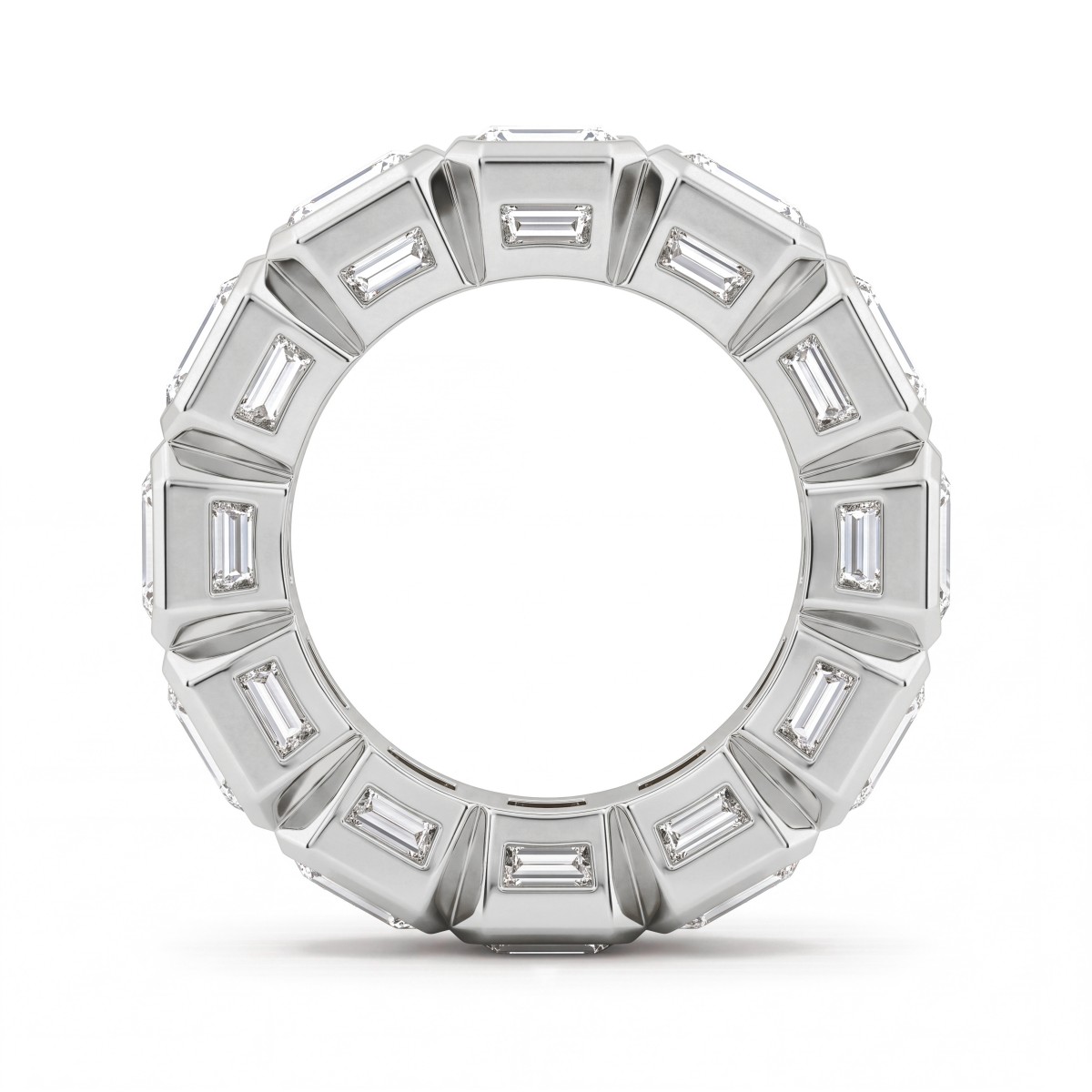 Devotion - pierścionek eternity z moissanitami o szlifie szmaragdowym w oprawach bezel