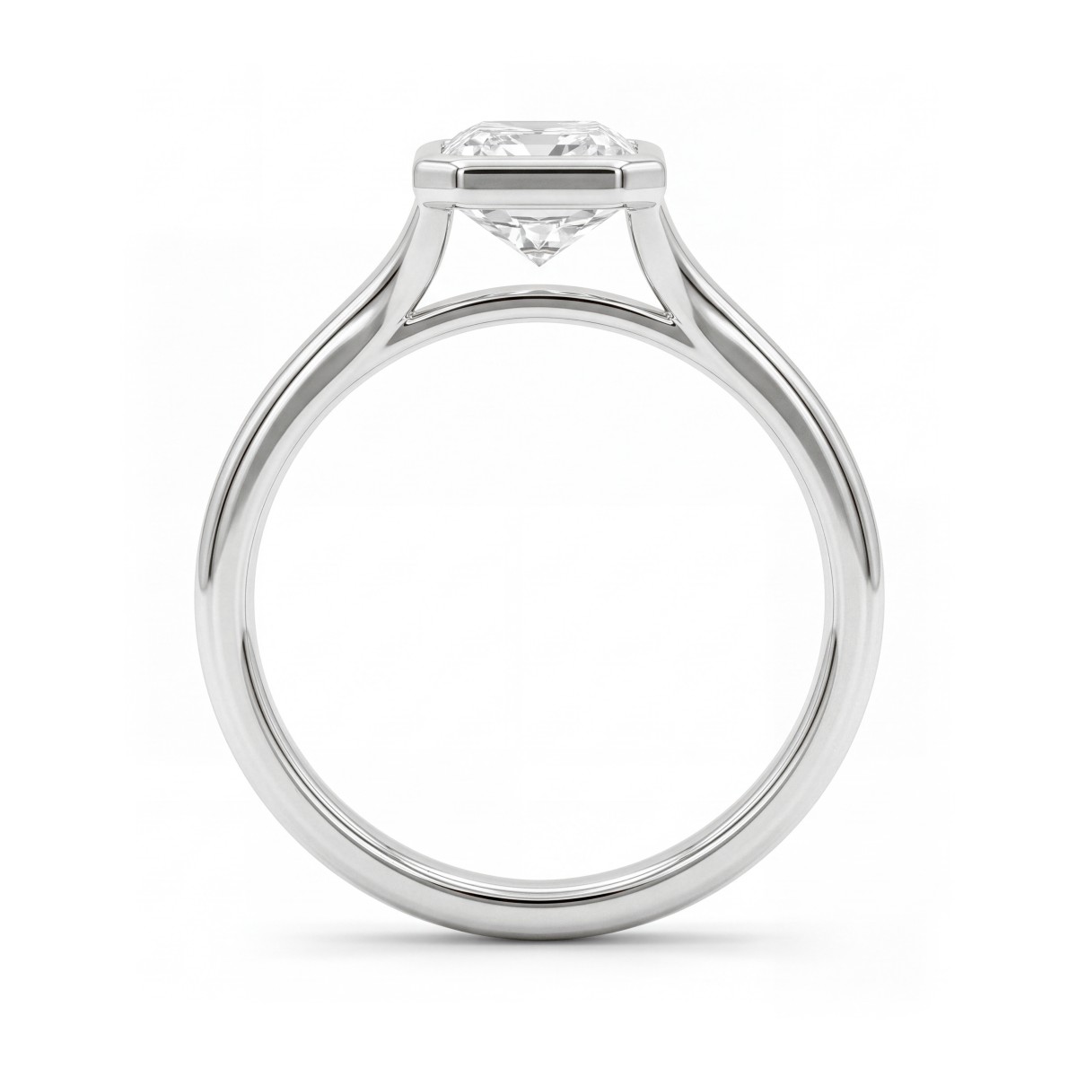 Linnea - pierścionek solitaire z moissanitem o szlifie radiant w oprawie bezel, z rozdwojoną szyną