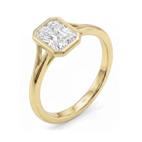 Linnea - pierścionek solitaire z moissanitem o szlifie radiant w oprawie bezel, z rozdwojoną szyną