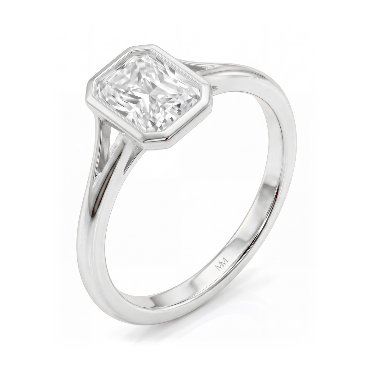 Linnea - pierścionek solitaire z moissanitem o szlifie radiant w oprawie bezel, z rozdwojoną szyną