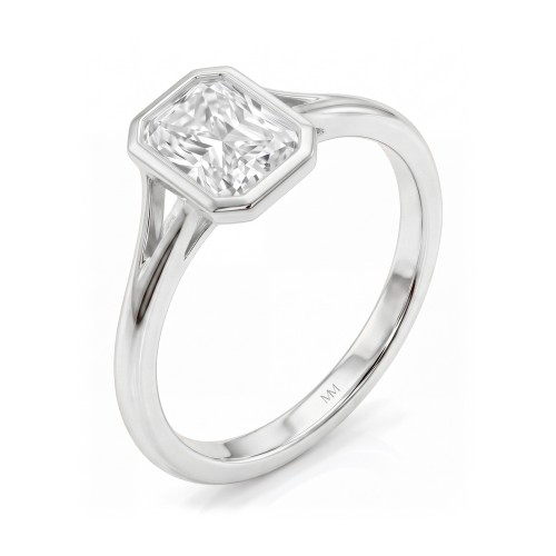 Linnea - pierścionek solitaire z moissanitem o szlifie radiant w oprawie bezel, z rozdwojoną szyną