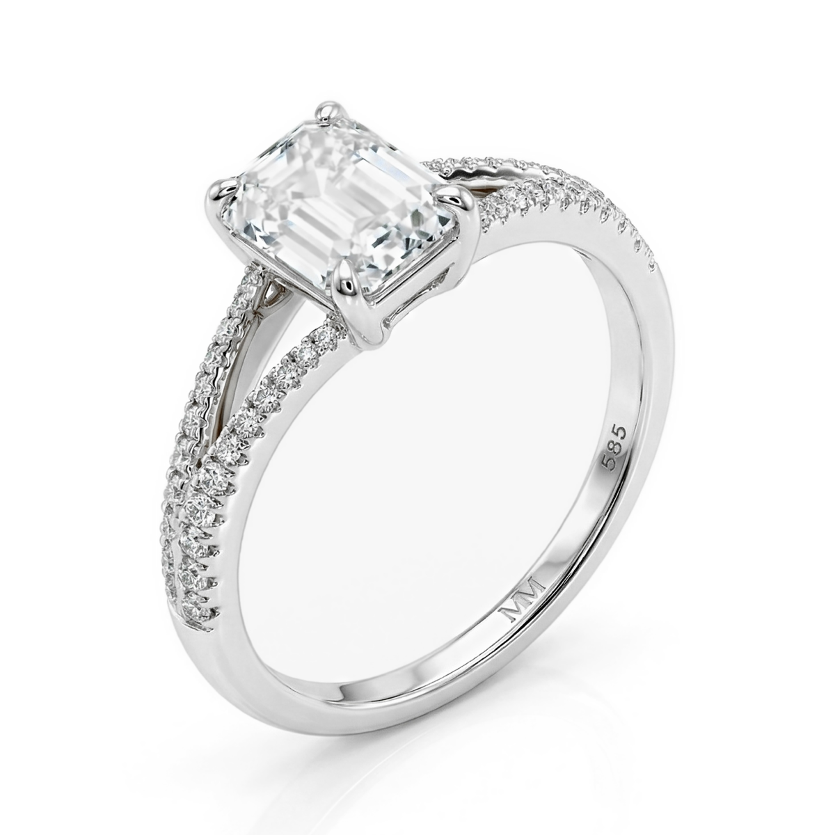 Emelise - Pierścień z moissanite w kształcie szmaragdu z Split-Shank i bocznymi kamieniami