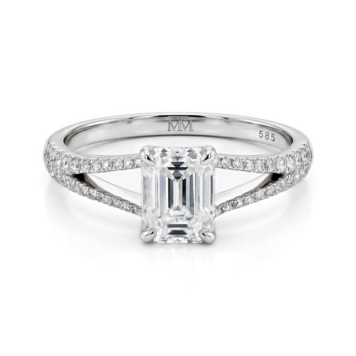 Emelise - Pierścień z moissanite w kształcie szmaragdu z Split-Shank i bocznymi kamieniami