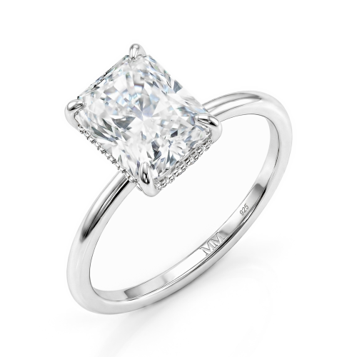 Mirabelle - Pierścionek Solitaire z Moissanitu o Szlifie Radiant z Oprawą Koszykową i Hidden Halo