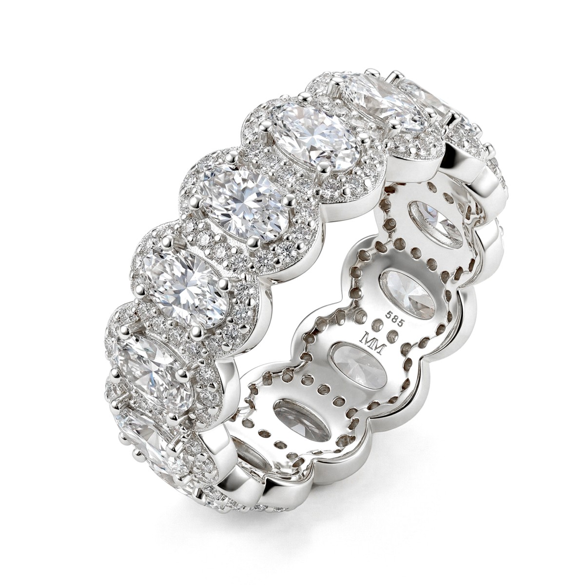 Opaline - pierścionek eternity z owalnymi moissanitami i falistym halo pavé