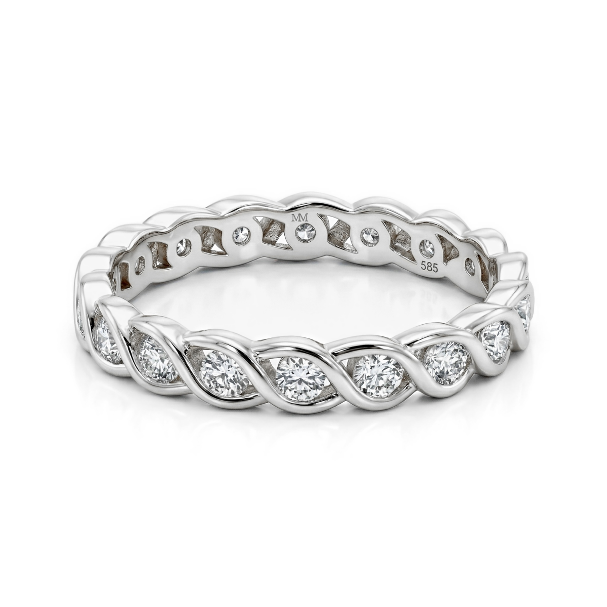 Celestine - skręcony pierścionek eternity z moissanitami w oprawie bezel