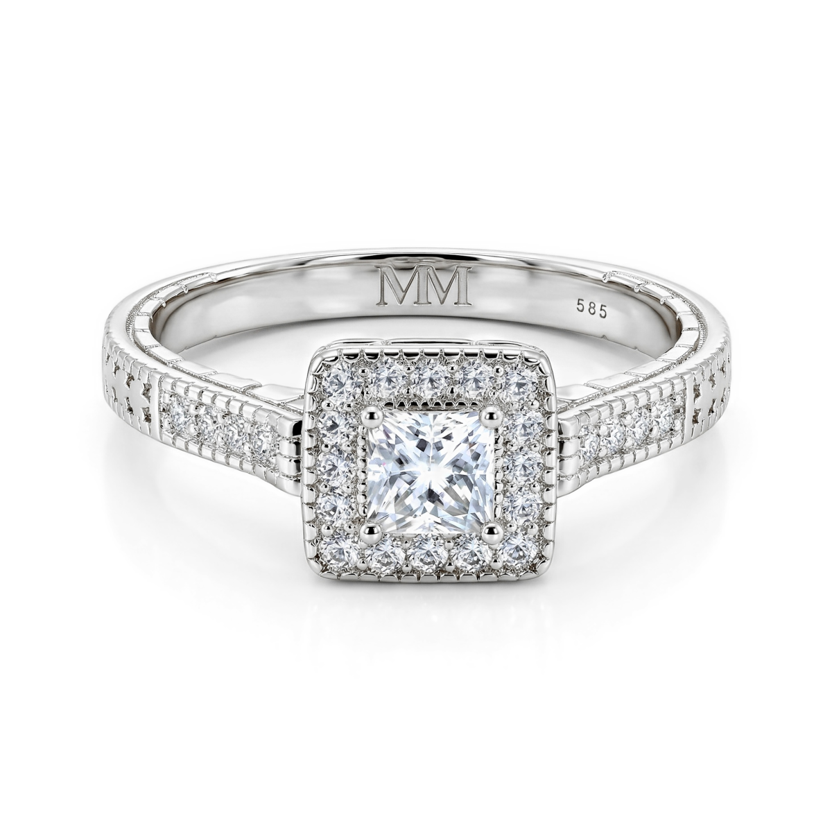 Paragone - Princess Cut Moissanite Halo Pierścionek Zaręczynowy Z Teksturowaną Obrączką