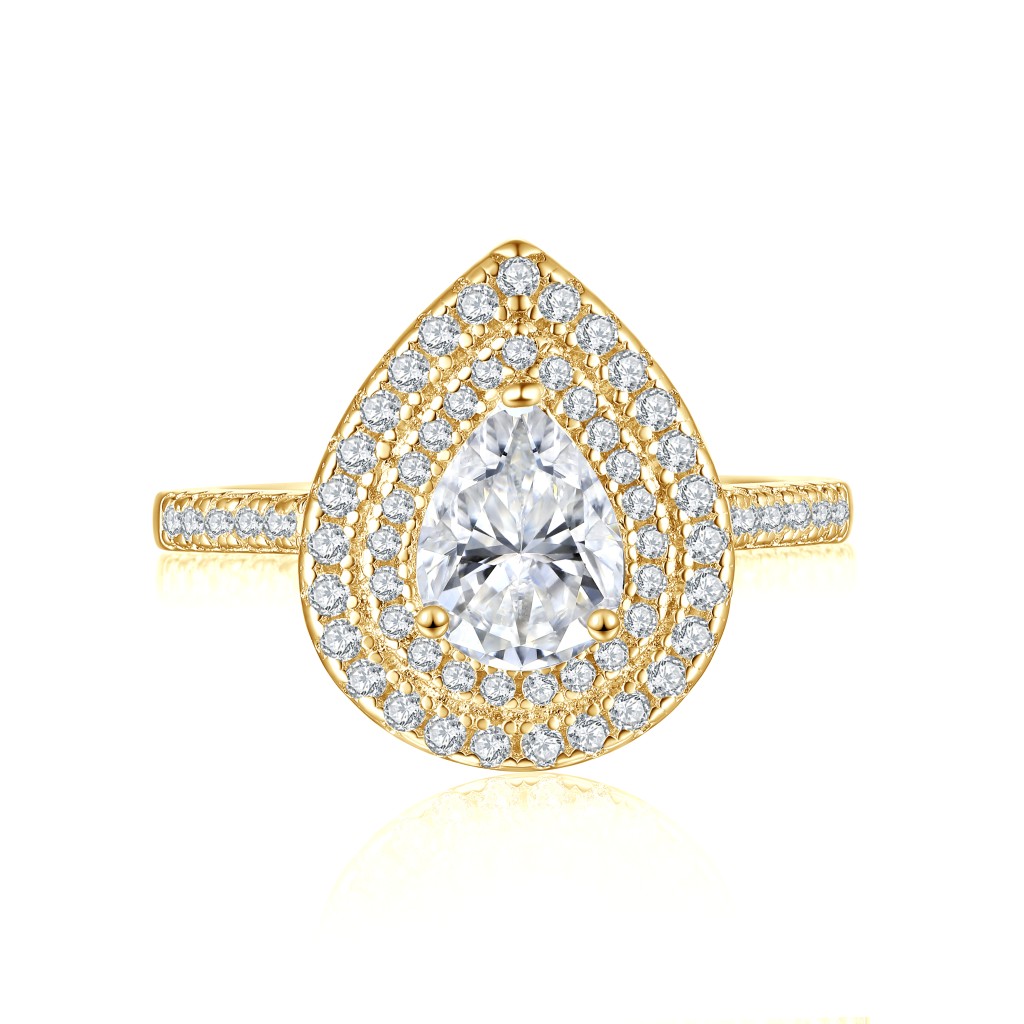 Athena - Gruszka Cut Moissanite Pierścionek Zaręczynowy z Podwójnym Halo i Pavé Szyną