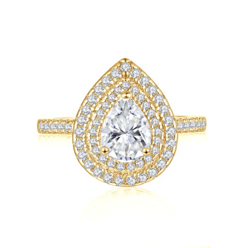 Athena - Gruszka Cut Moissanite Pierścionek Zaręczynowy z Podwójnym Halo i Pavé Szyną