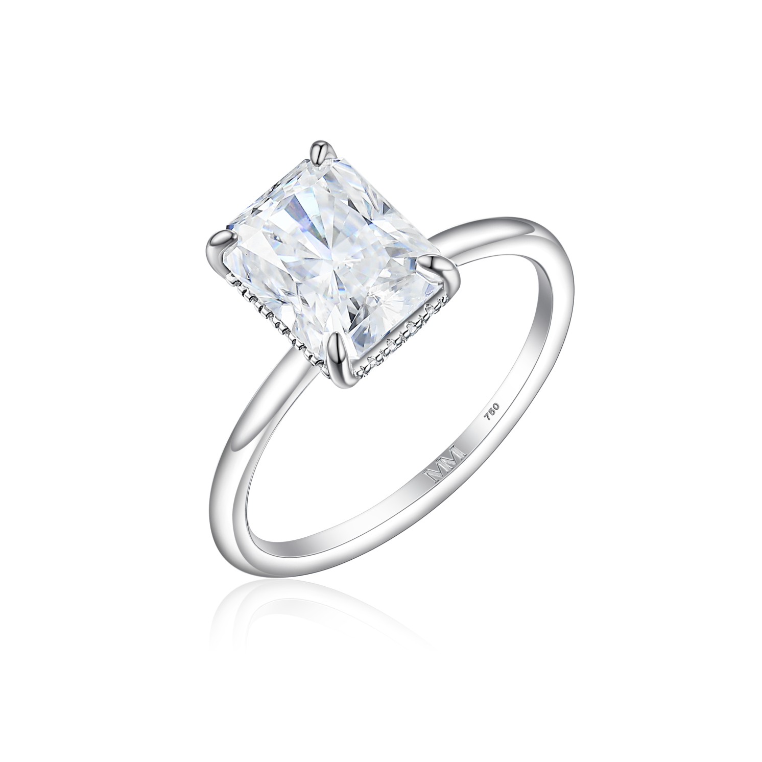 Mirabelle - Pierścionek Solitaire z Moissanitu o Szlifie Radiant z Oprawą Koszykową i Hidden Halo Mirabelle - Pierścionek Solitaire z Moissanitu o Szlifie Radiant z Oprawą Koszykową i Hidden Halo