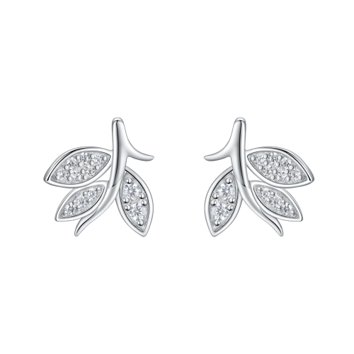 Pavé Leaves  - Kolczyki Sztyfty z Moissanitem