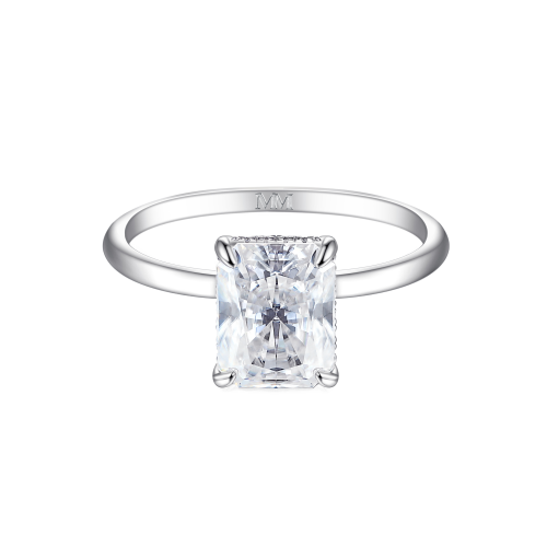 Mirabelle - Pierścionek Solitaire z Moissanitu o Szlifie Radiant z Oprawą Koszykową i Hidden Halo
