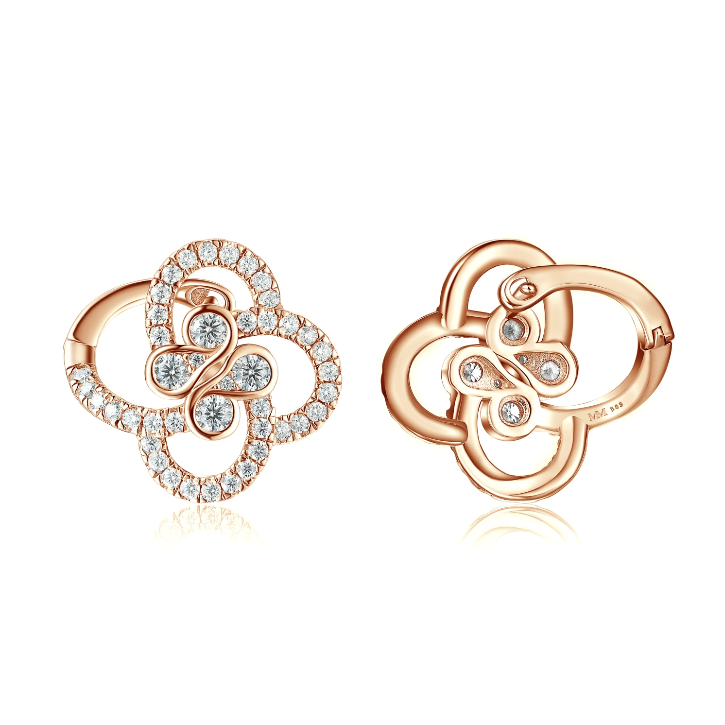 Vortexia - Kolczyki z Motywem Koniczyny z Moissanitu w Motywie Kwiatowym z Oprawą Pavé