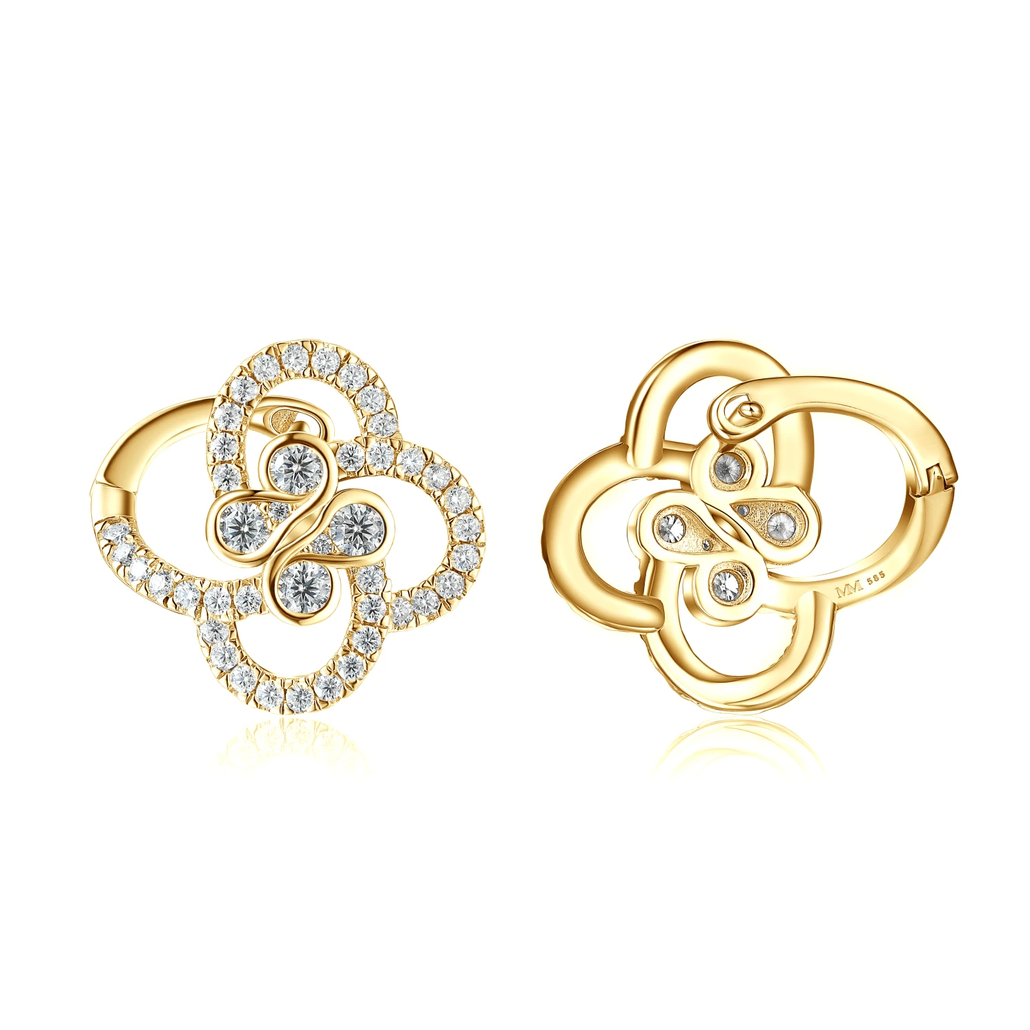 Vortexia - Kolczyki z Motywem Koniczyny z Moissanitu w Motywie Kwiatowym z Oprawą Pavé