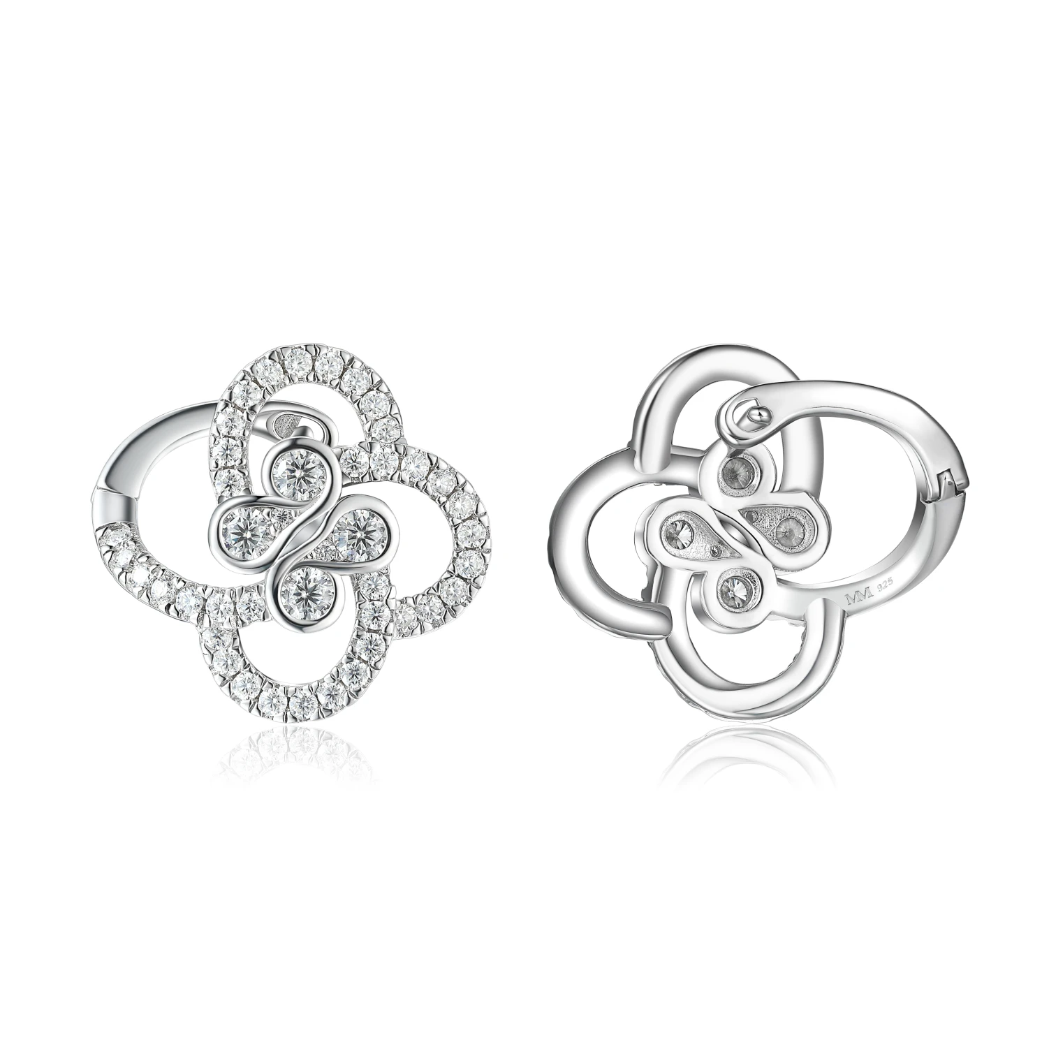 Vortexia - Kolczyki z Motywem Koniczyny z Moissanitu w Motywie Kwiatowym z Oprawą Pavé