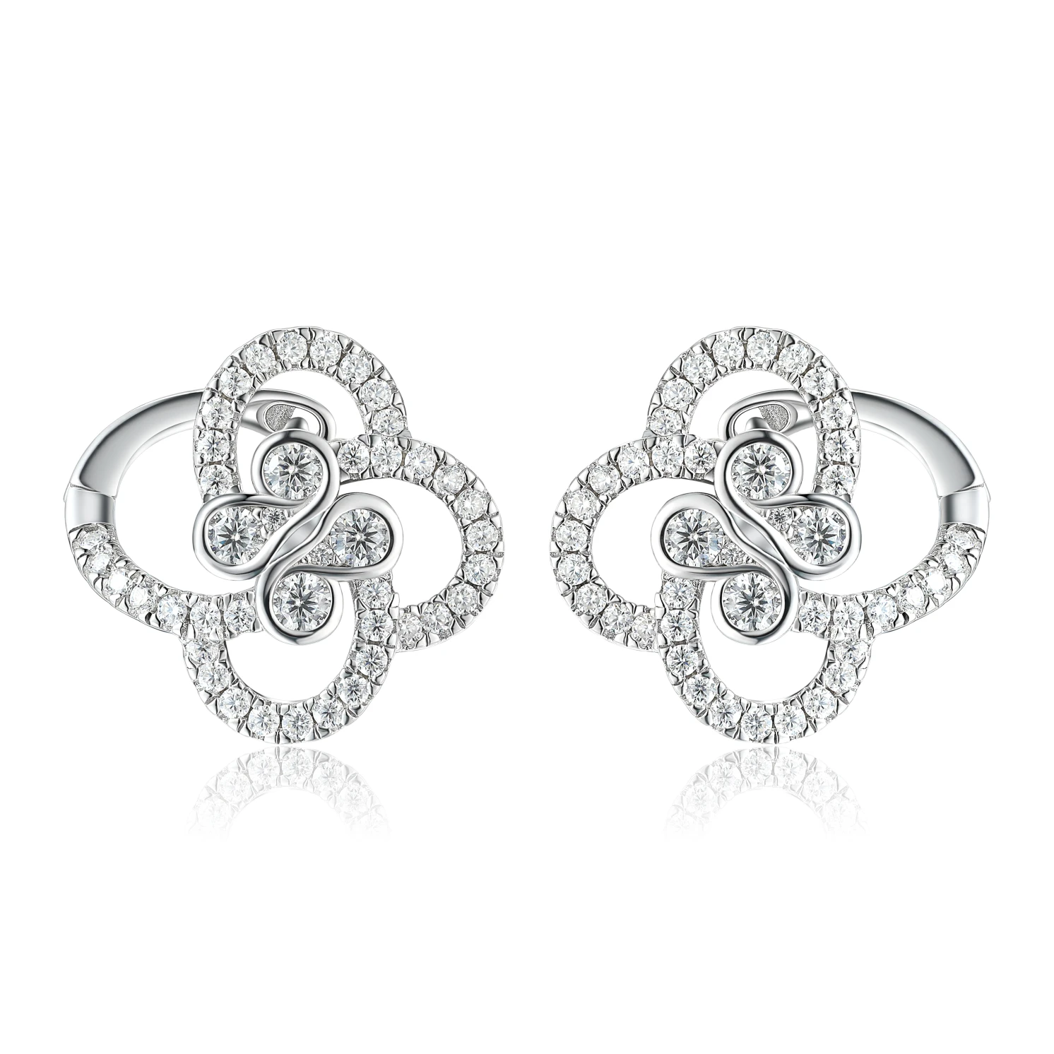 Vortexia - Kolczyki z Motywem Koniczyny z Moissanitu w Motywie Kwiatowym z Oprawą Pavé