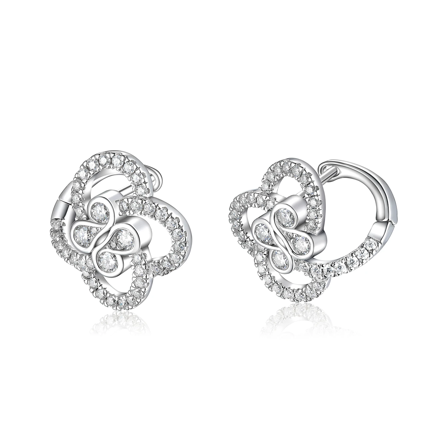 Vortexia - Kolczyki z Motywem Koniczyny z Moissanitu w Motywie Kwiatowym z Oprawą Pavé