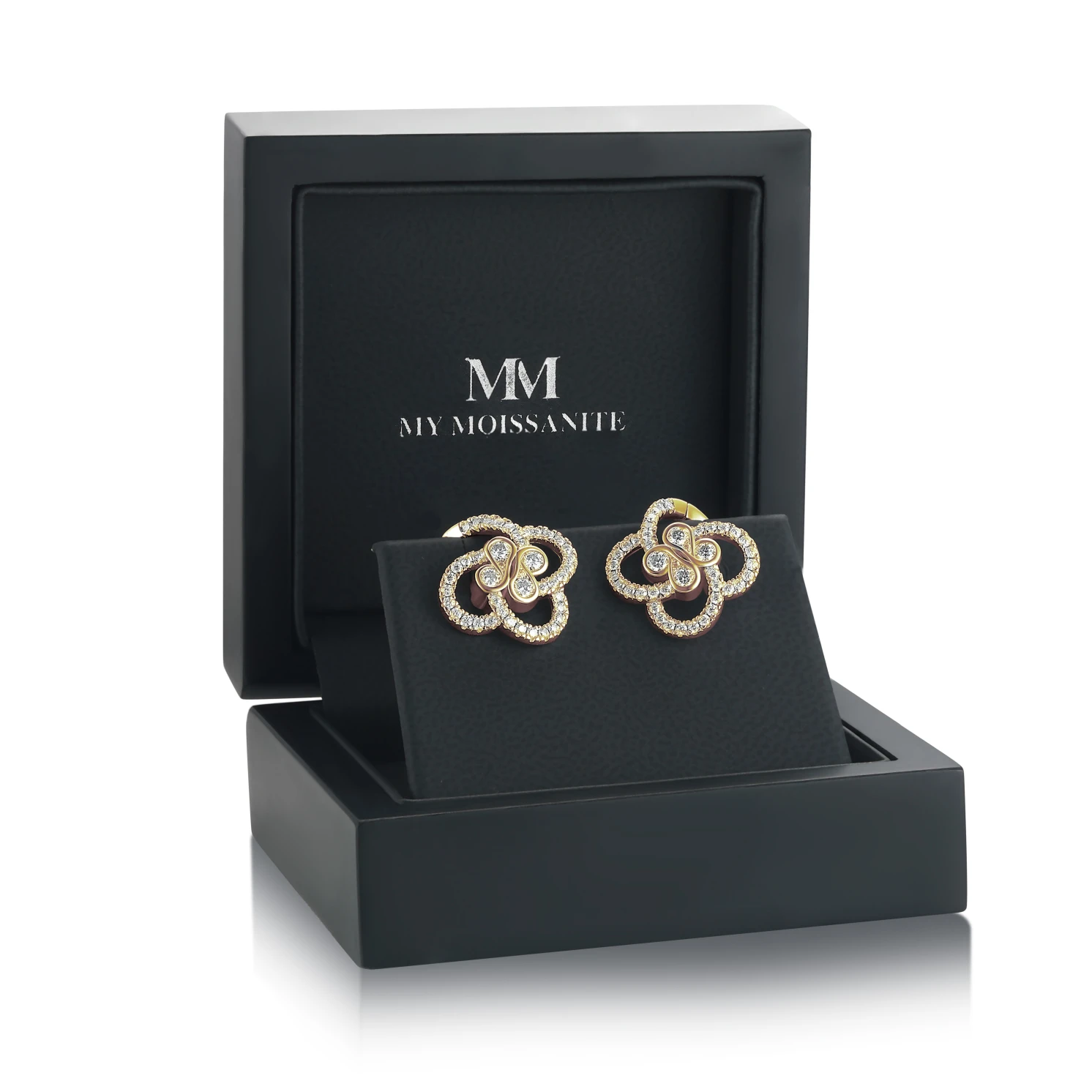 Vortexia - Kolczyki z Motywem Koniczyny z Moissanitu w Motywie Kwiatowym z Oprawą Pavé