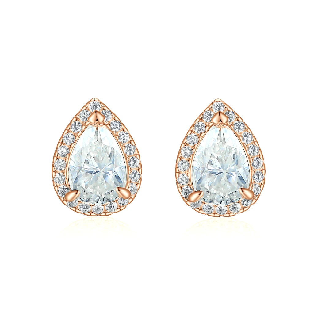 Halo Pears -  Kolczyki Sztyfty z Moissanitem | Szlif Gruszka