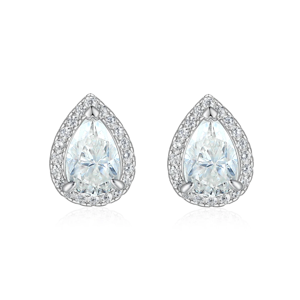 Halo Pears -  Kolczyki Sztyfty z Moissanitem | Szlif Gruszka