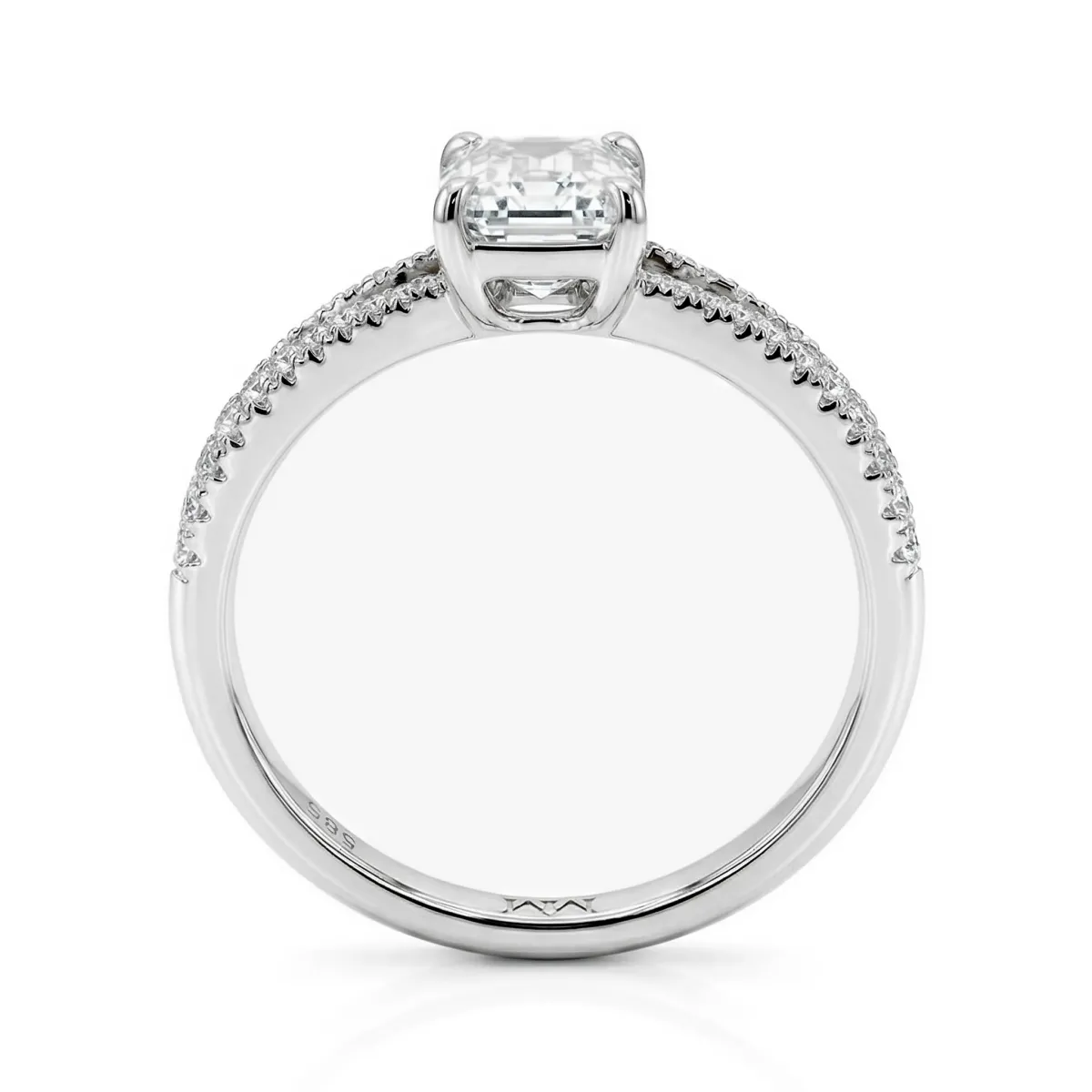 Emelise - Pierścień z moissanite w kształcie szmaragdu z Split-Shank i bocznymi kamieniami