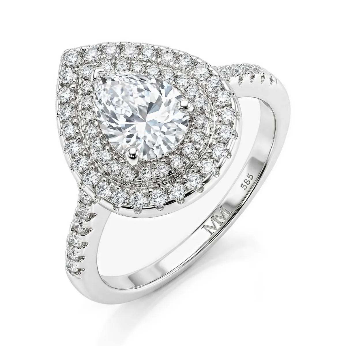 Athena - Gruszka Cut Moissanite Pierścionek Zaręczynowy z Podwójnym Halo i Pavé Szyną