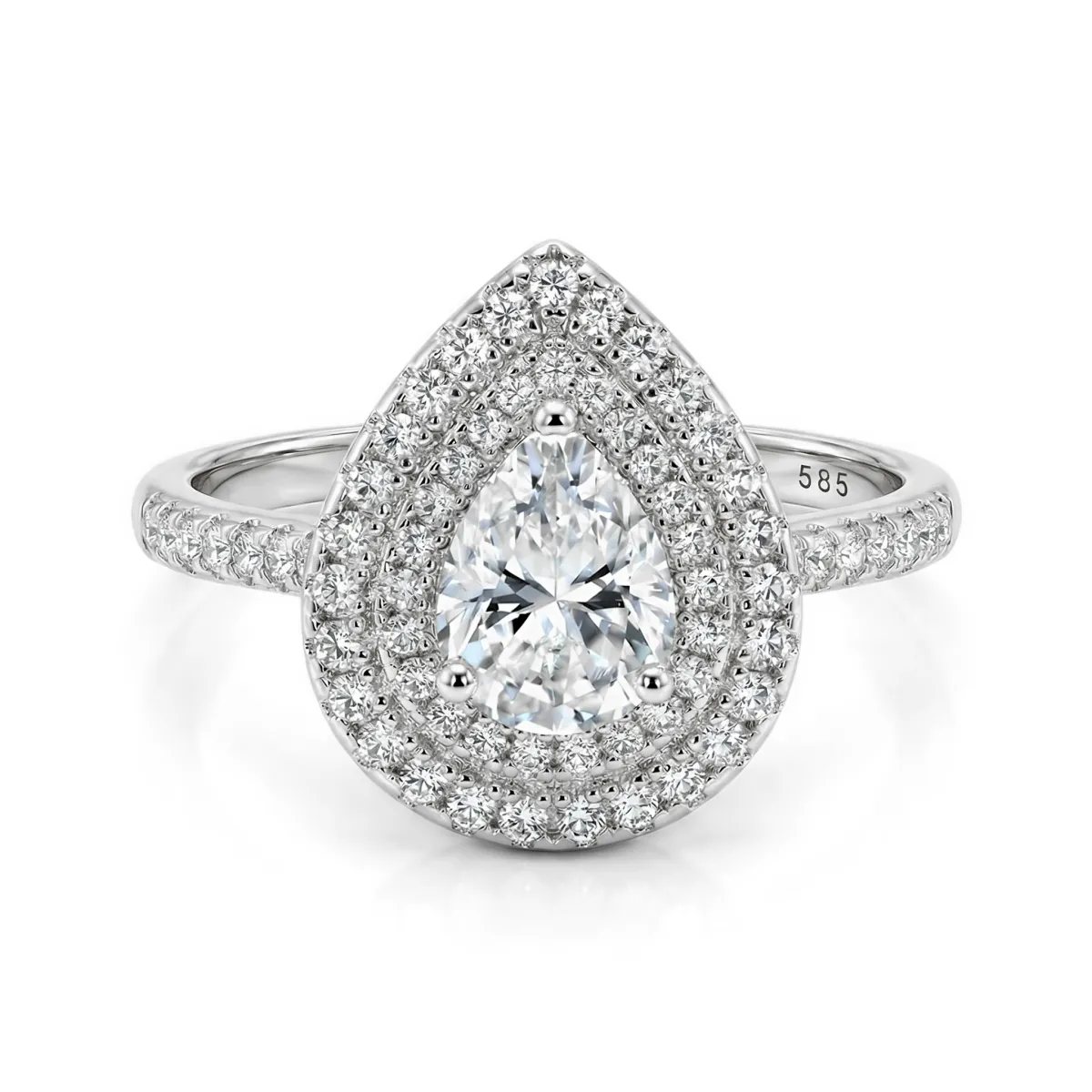 Athena - Gruszka Cut Moissanite Pierścionek Zaręczynowy z Podwójnym Halo i Pavé Szyną