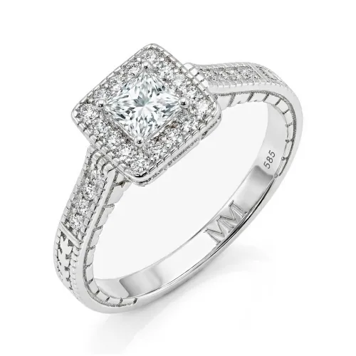Paragone - Princess Cut Moissanite Halo Pierścionek Zaręczynowy Z Teksturowaną Obrączką