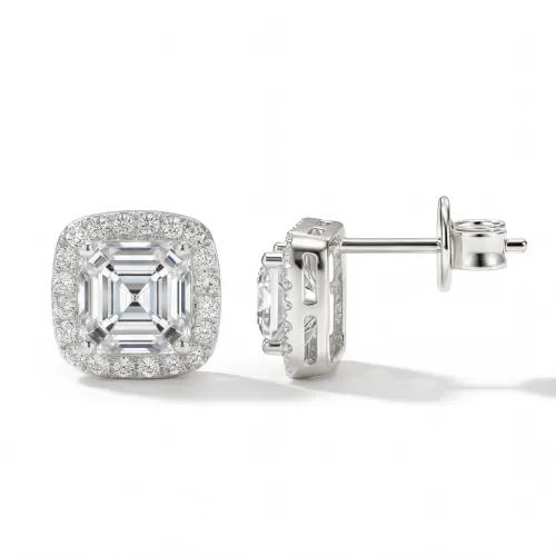 Tetrona - Asscher Moissanite Stud Earrings in Halo Setting