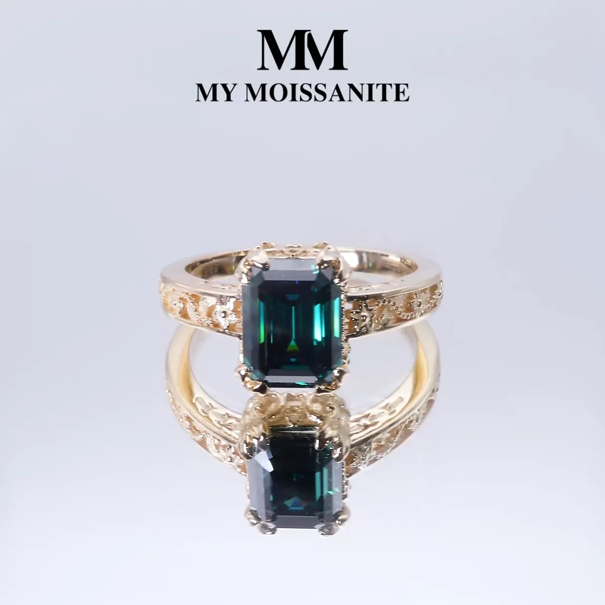 Verdisia - Vintage Floral Szmaragdowy Zielony Moissanitowy Pierścionek Zaręczynowy