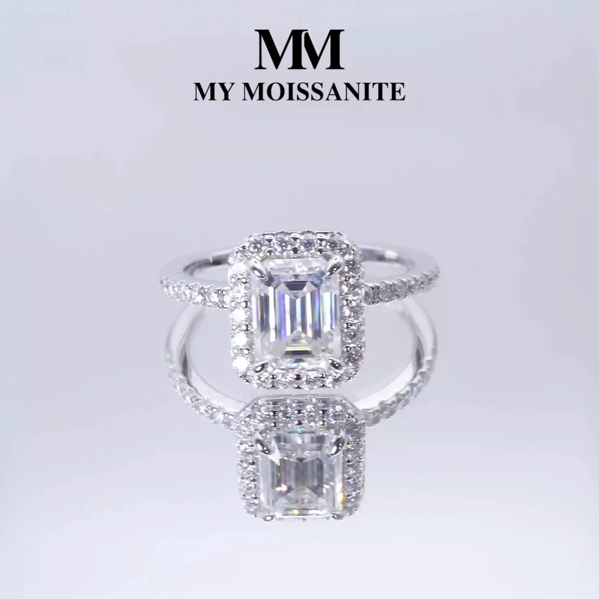 Esmeralda - Pierścionek Halo z Moissanitem | Szlif Szmaragdowy