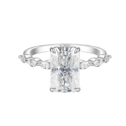 Luminaire - Pierścionek z Radiant Szlif Moissanit z Markiza Bocznymi Kamieniami i Hidden Halo