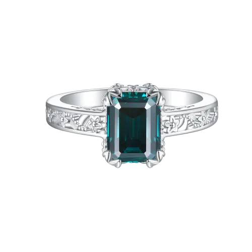 Verdisia - Vintage Floral Szmaragdowy Zielony Moissanitowy Pierścionek Zaręczynowy