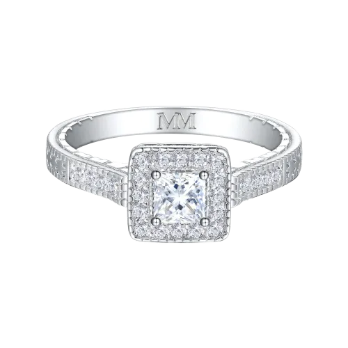 Paragone - Princess Cut Moissanite Halo Pierścionek Zaręczynowy Z Teksturowaną Obrączką