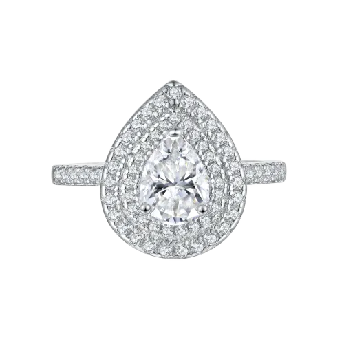Athena - Gruszka Cut Moissanite Pierścionek Zaręczynowy z Podwójnym Halo i Pavé Szyną