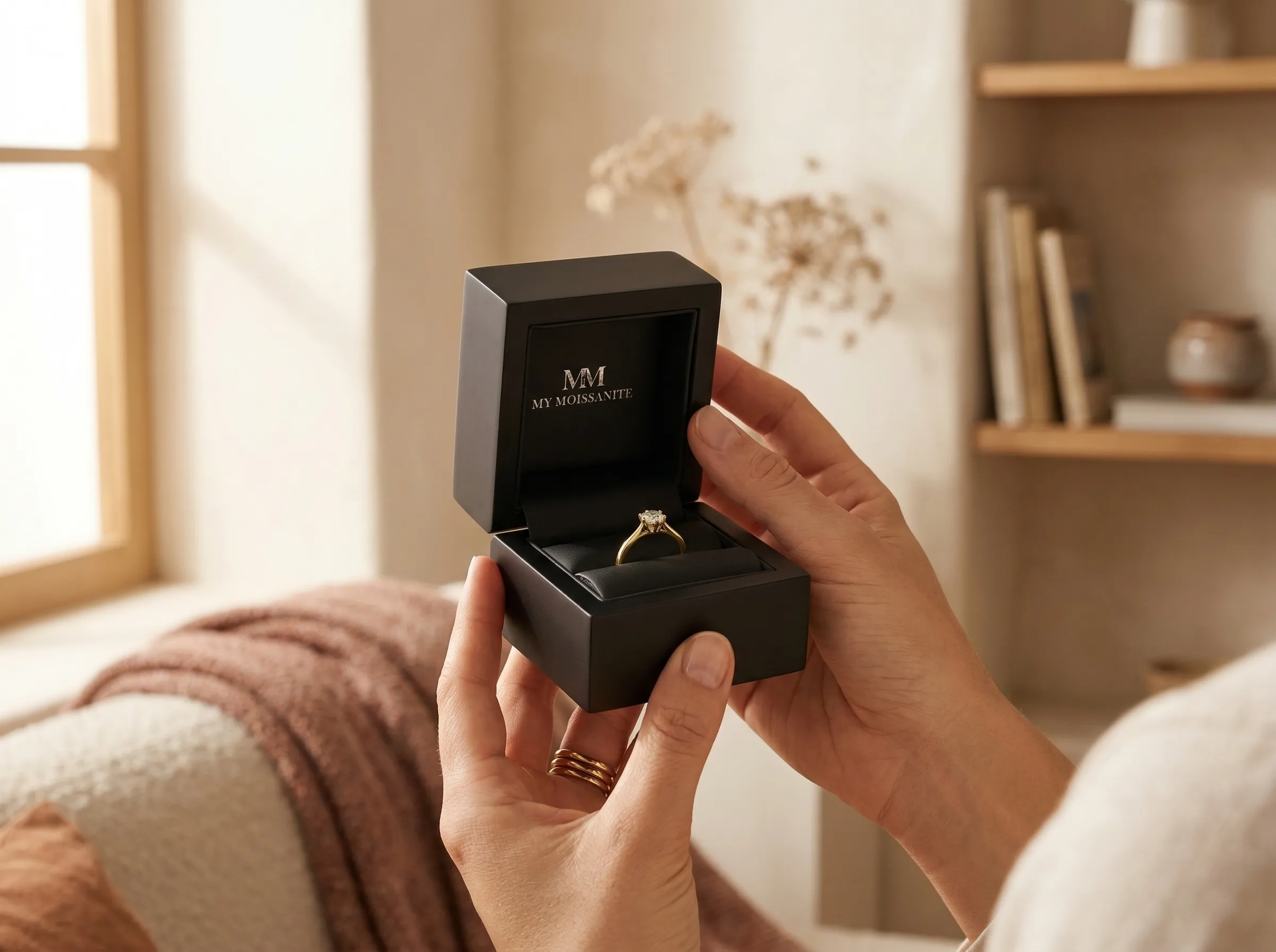 Drewniane pudełko prezentowe otwarte z pierścionkiem, ciepłe naturalne światło