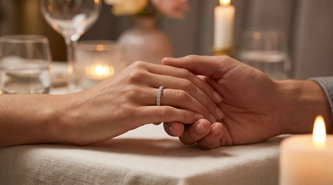 Couple sharing an intimate moment, moissanite ring catching candlelight