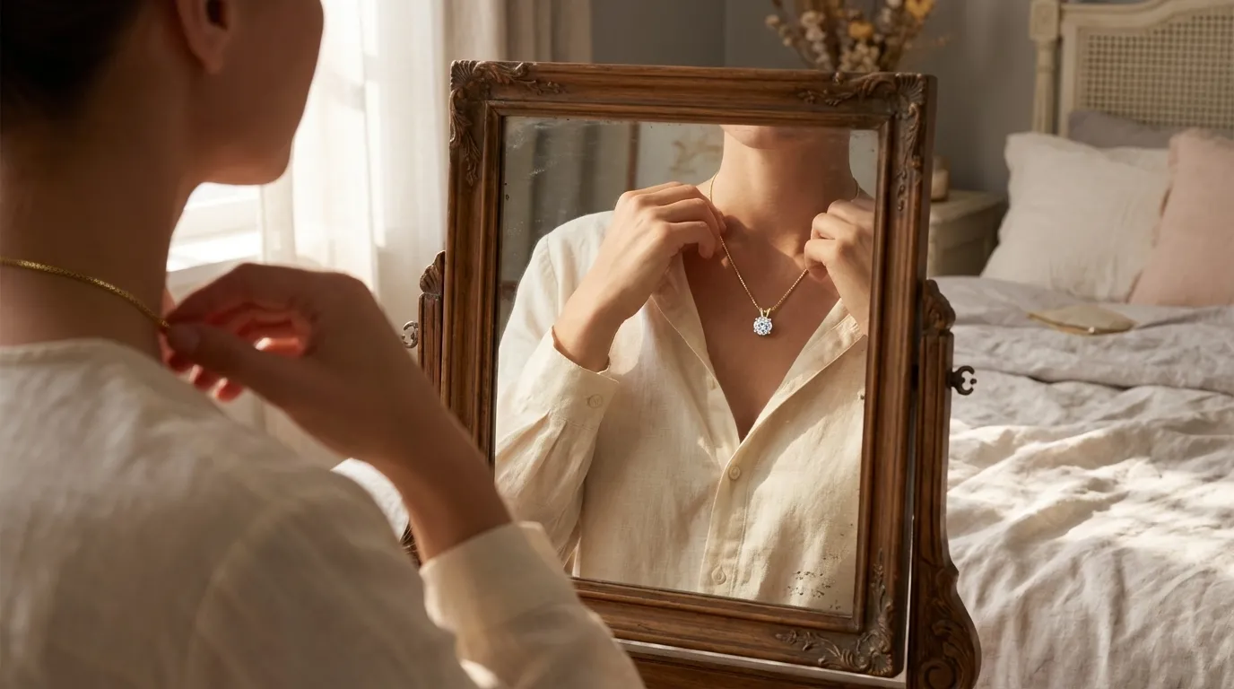 Woman adjusting a pendant necklace in a mirror, warm natural light